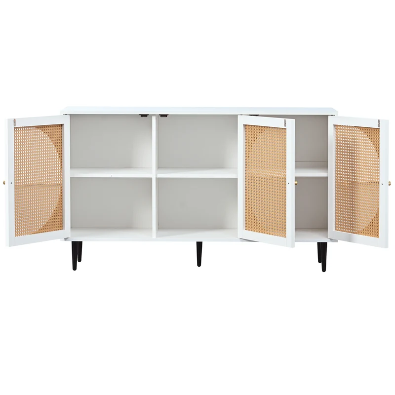 Buffet effet bois blanc avec 3 portes en rotin poignées pieds dorés 129,8x40x76cm OMOIL WHITE