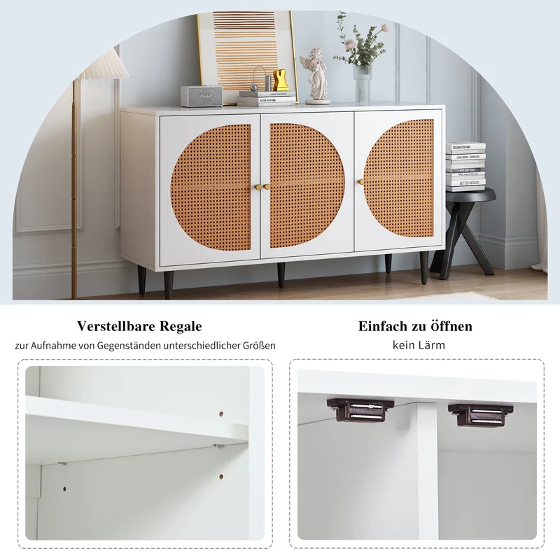 Buffet effet bois blanc avec 3 portes en rotin poignées pieds dorés 129,8x40x76cm OMOIL WHITE
