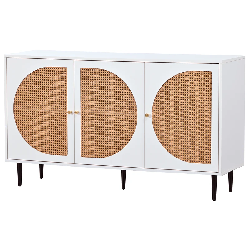 Buffet effet bois blanc avec 3 portes en rotin poignées pieds dorés 129,8x40x76cm OMOIL WHITE