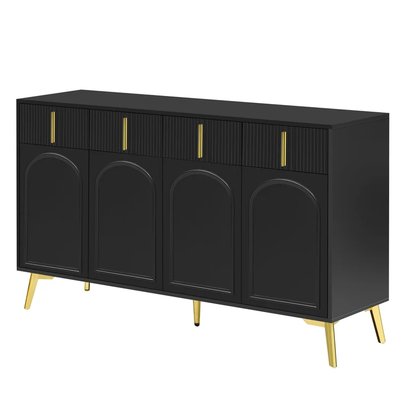 Buffet noir 4 portes 4 tiroirs avec poignées et pieds dorés 140*37,8*82cm CHADDANS