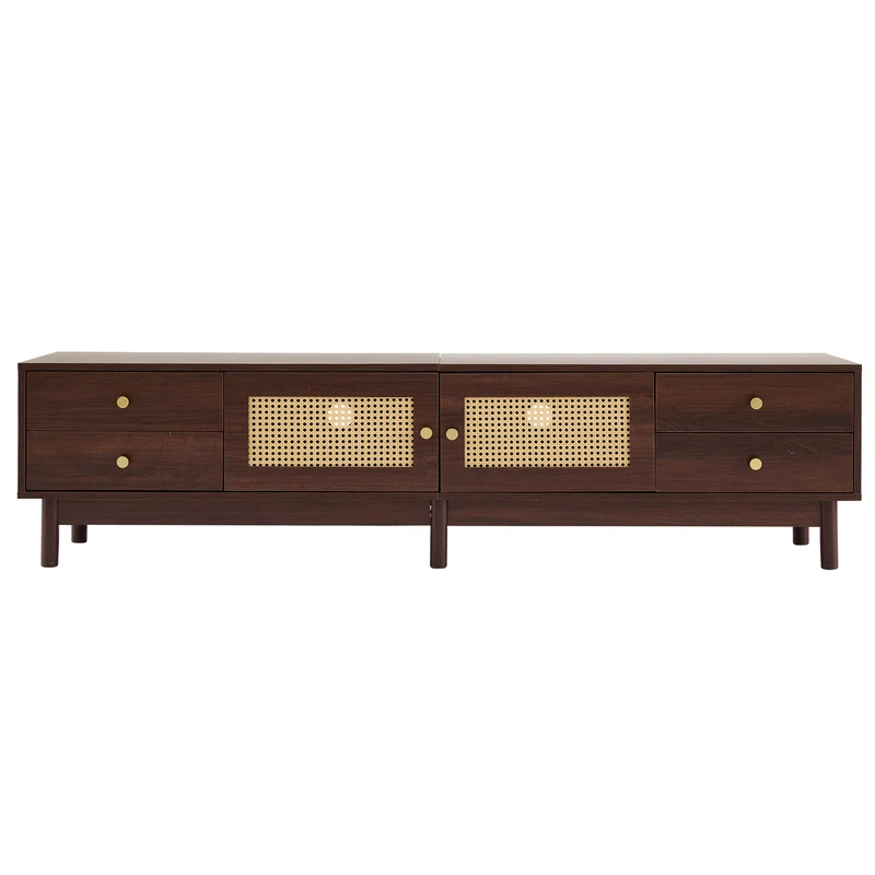 Meuble TV style vintage effet bois noyer avec 2 portes en rotin, 4 tiroirs 180*35*44cm KUQON