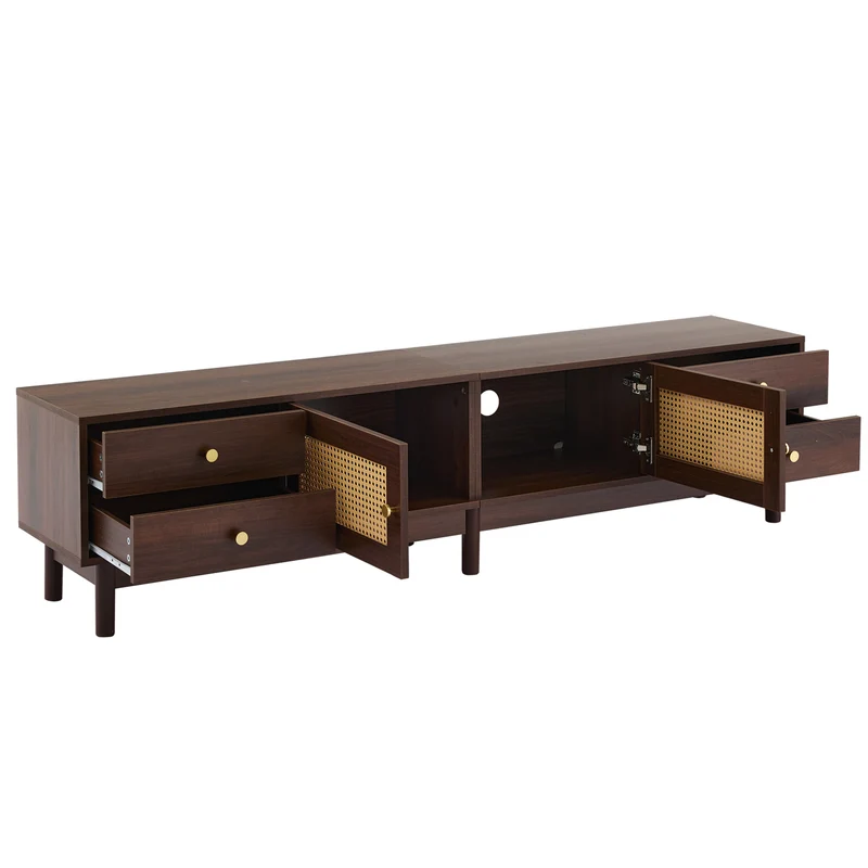 Meuble TV style vintage effet bois noyer avec 2 portes en rotin, 4 tiroirs 180*35*44cm KUQON