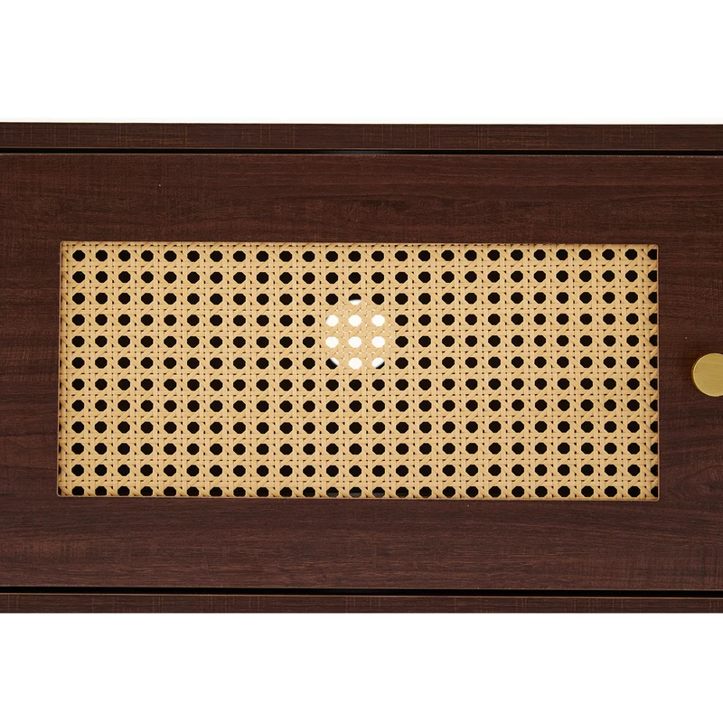 Meuble TV style vintage effet bois noyer avec 2 portes en rotin, 4 tiroirs 180*35*44cm KUQON