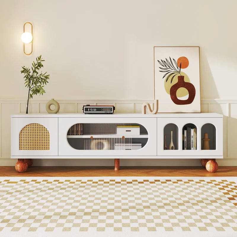 Meuble TV blanc avec porte en rotin poignées pieds dorées 170*47*37 cm HIGILL