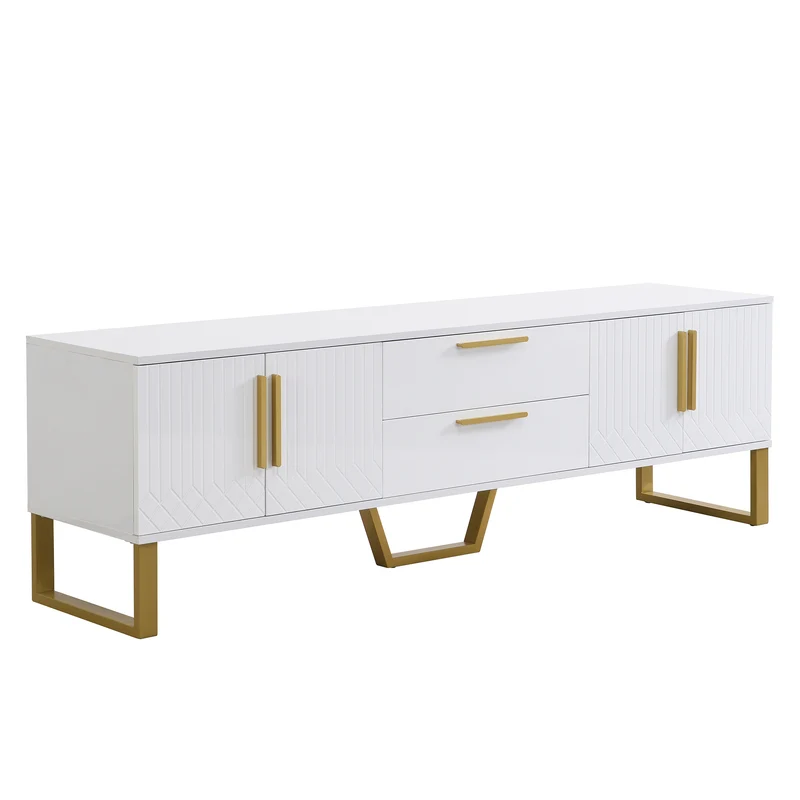 Meuble TV blanc brillant motif gravé avec poignées et pieds dorées 170*40*53cm YAURNUD WHITE