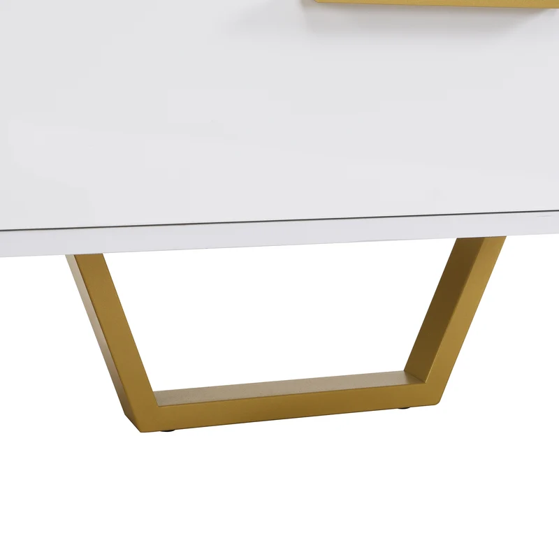 Meuble TV blanc brillant motif gravé avec poignées et pieds dorées 170*40*53cm YAURNUD WHITE