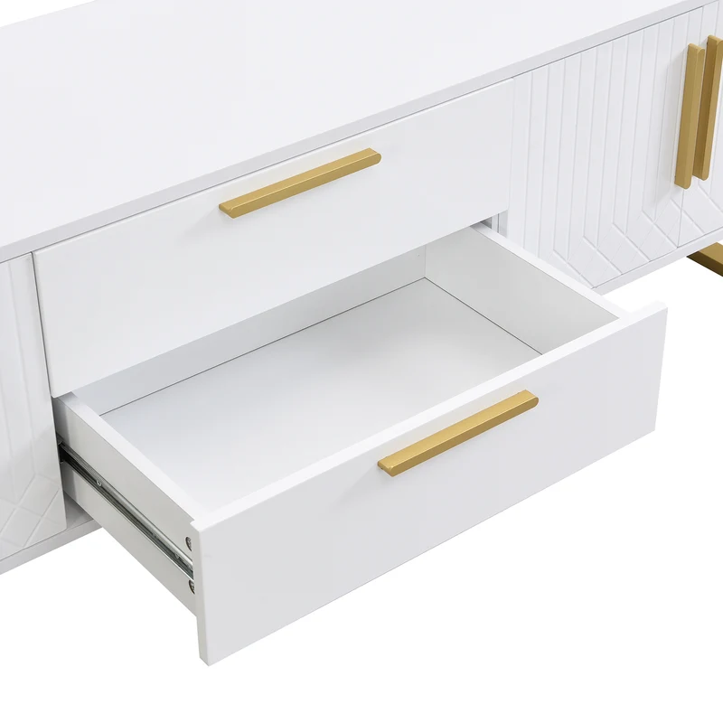 Meuble TV blanc brillant motif gravé avec poignées et pieds dorées 170*40*53cm YAURNUD WHITE