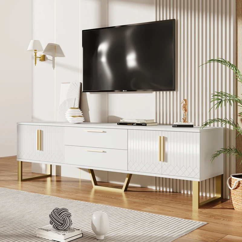 Meuble TV blanc brillant motif gravé avec poignées et pieds dorées 170*40*53cm YAURNUD WHITE