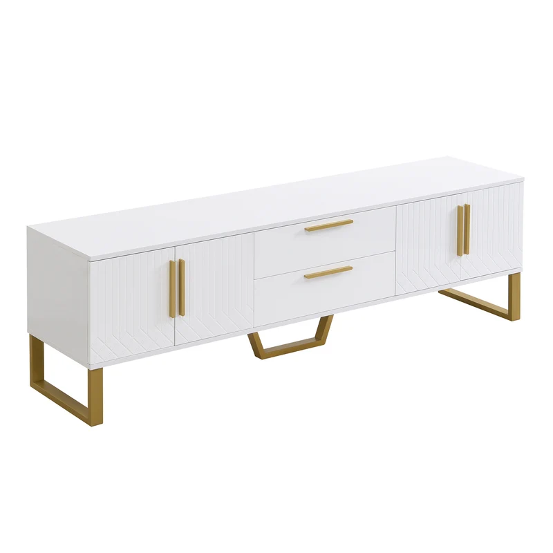 Meuble TV blanc brillant motif gravé avec poignées et pieds dorées 170*40*53cm YAURNUD WHITE