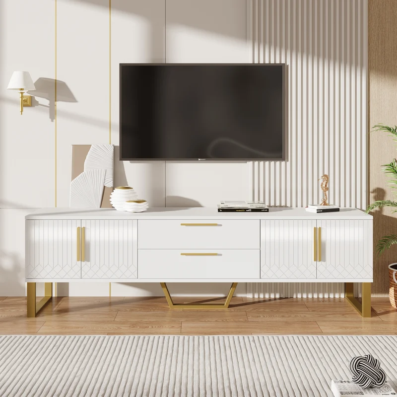 Meuble TV blanc brillant motif gravé avec poignées et pieds dorées 170*40*53cm YAURNUD WHITE