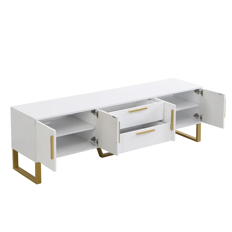 Meuble TV blanc brillant motif gravé avec poignées et pieds dorées 170*40*53cm YAURNUD WHITE