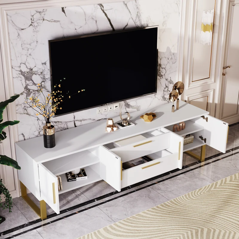 Meuble TV blanc brillant motif gravé avec poignées et pieds dorées 170*40*53cm YAURNUD WHITE