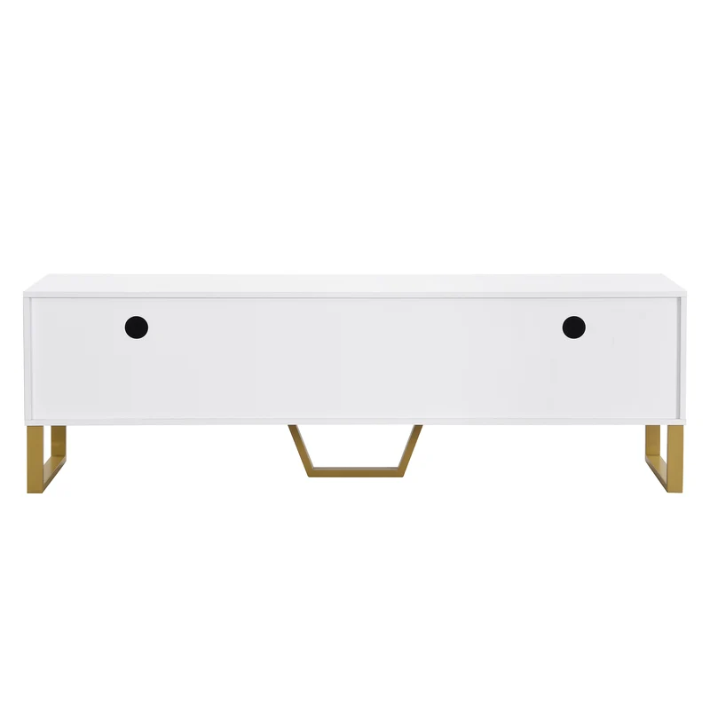 Meuble TV blanc brillant motif gravé avec poignées et pieds dorées 170*40*53cm YAURNUD WHITE