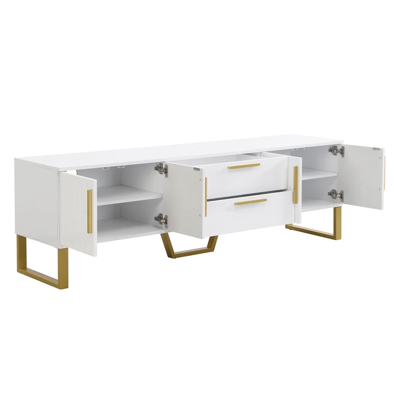 Meuble TV blanc brillant motif gravé avec poignées et pieds dorées 170*40*53cm YAURNUD WHITE