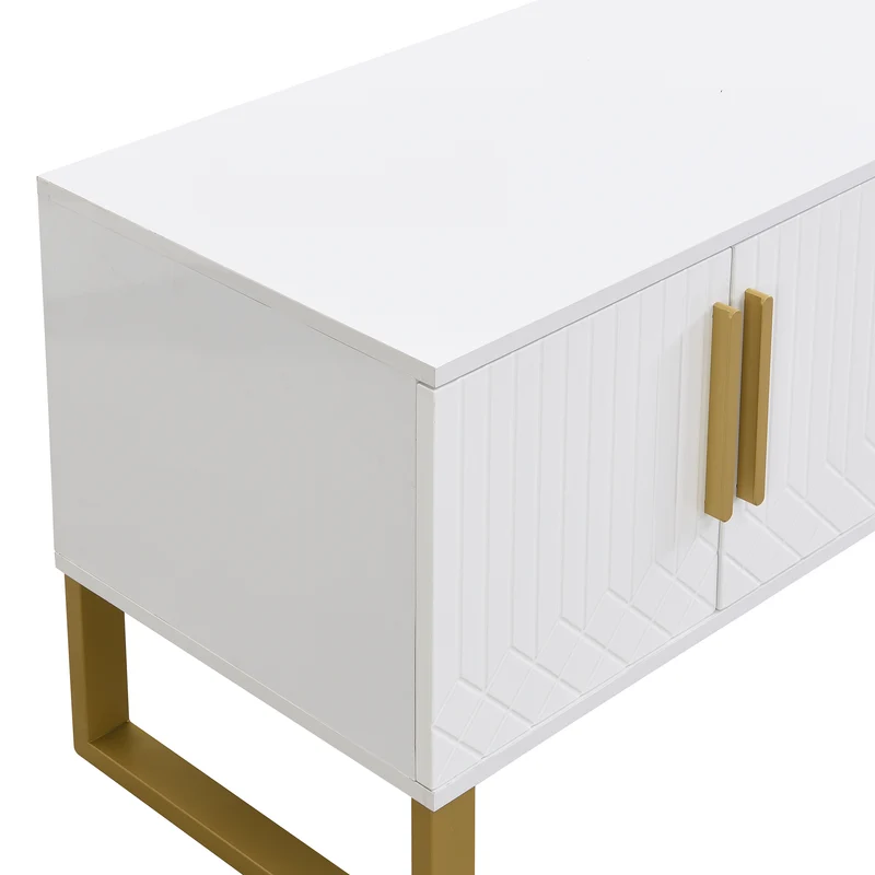 Meuble TV blanc brillant motif gravé avec poignées et pieds dorées 170*40*53cm YAURNUD WHITE