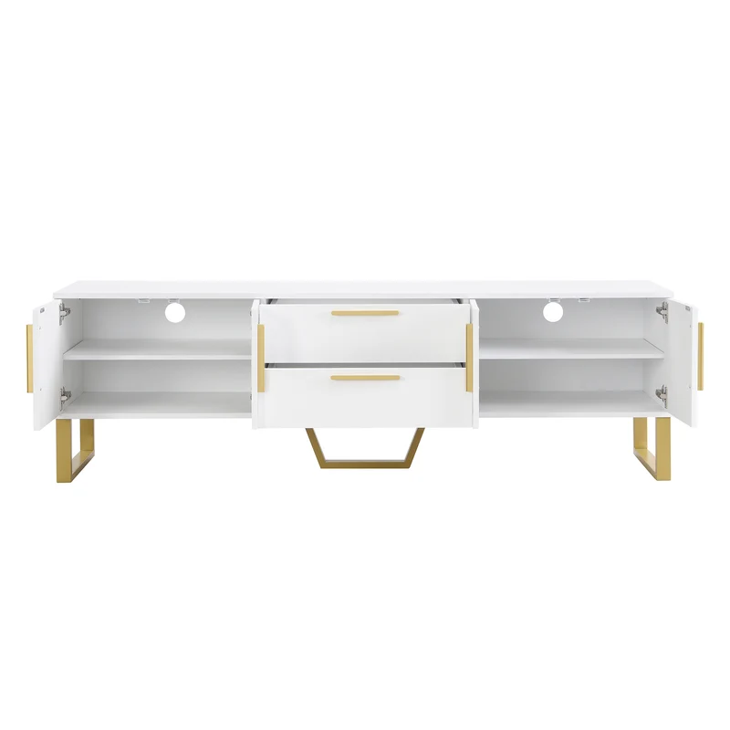Meuble TV blanc brillant motif gravé avec poignées et pieds dorées 170*40*53cm YAURNUD WHITE