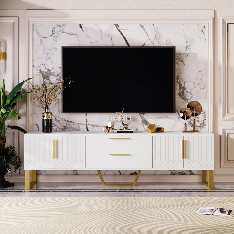 Meuble TV blanc brillant motif gravé avec poignées et pieds dorées 170*40*53cm YAURNUD WHITE