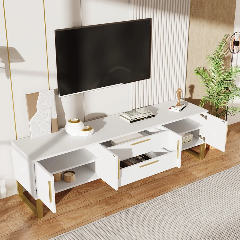 Meuble TV blanc brillant motif gravé avec poignées et pieds dorées 170*40*53cm YAURNUD WHITE