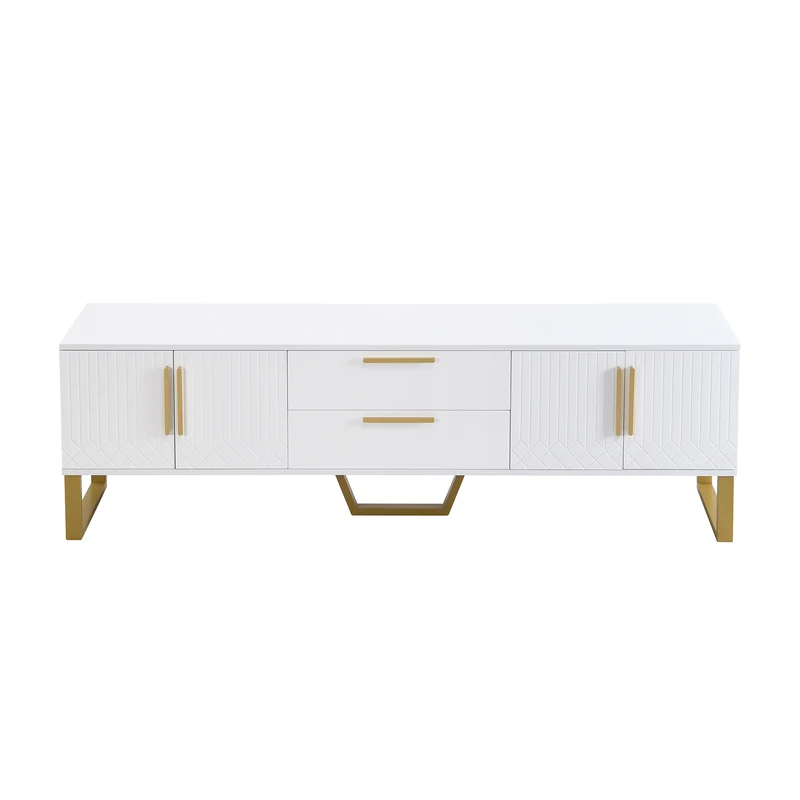 Meuble TV blanc brillant motif gravé avec poignées et pieds dorées 170*40*53cm YAURNUD WHITE