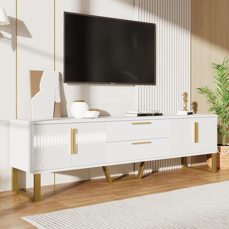 Meuble TV blanc brillant motif gravé avec poignées et pieds dorées 170*40*53cm YAURNUD WHITE