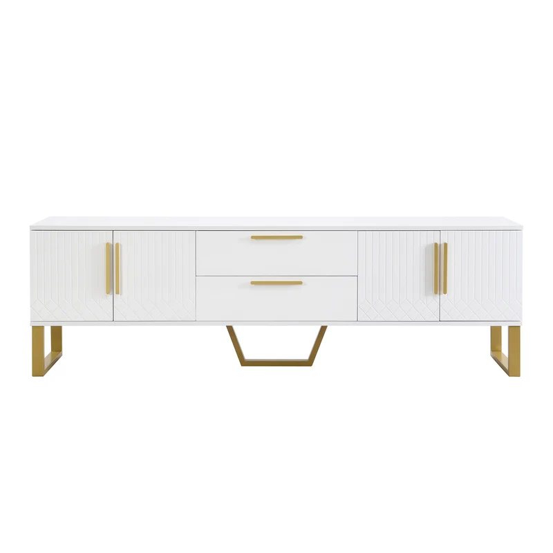 Meuble TV blanc brillant motif gravé avec poignées et pieds dorées 170*40*53cm YAURNUD WHITE