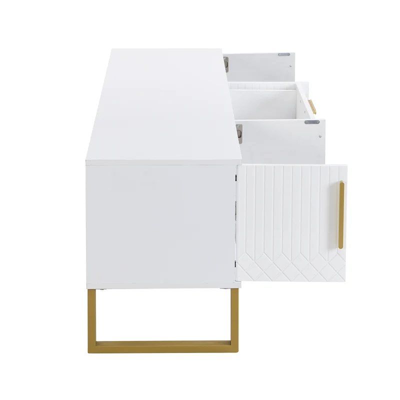 Meuble TV blanc brillant motif gravé avec poignées et pieds dorées 170*40*53cm YAURNUD WHITE