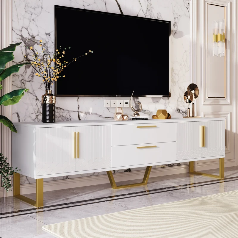 Meuble TV blanc brillant motif gravé avec poignées et pieds dorées 170*40*53cm YAURNUD WHITE