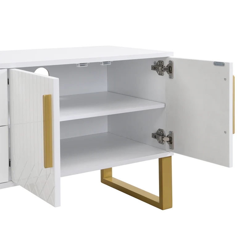 Meuble TV blanc brillant motif gravé avec poignées et pieds dorées 170*40*53cm YAURNUD WHITE