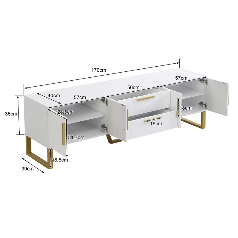 Meuble TV blanc brillant motif gravé avec poignées et pieds dorées 170*40*53cm YAURNUD WHITE