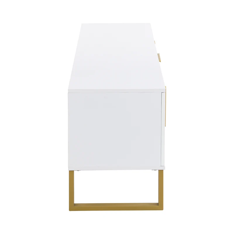 Meuble TV blanc brillant motif gravé avec poignées et pieds dorées 170*40*53cm YAURNUD WHITE