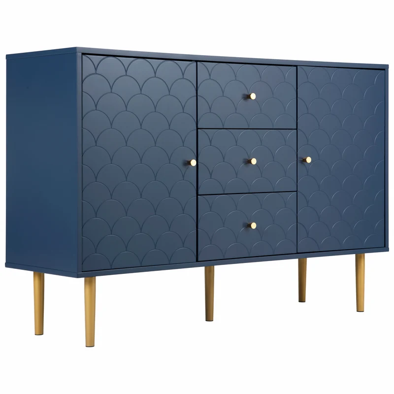 Commode buffet haut avec 2 portes 3 tiroirs bleu marine motif d'écailles H82/B120/T40 AIKETS