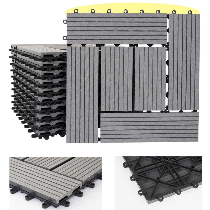 Carrelage de sol WPC balcon terrasse aspect bois 11 pièces 30x30cm 1m² décalage en teck gris 04_0005436