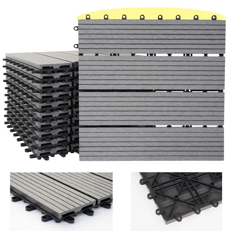 Set de 11 dalles de terrasse aspect bois WPC pour balcon jardin terrasse 30x30cm 1m² base gris linéaire 04_0005435
