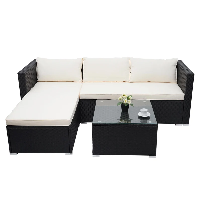 Salon de jardin pour balcon terrasse jardin en polyrotin noir coussin crème 04_0004216