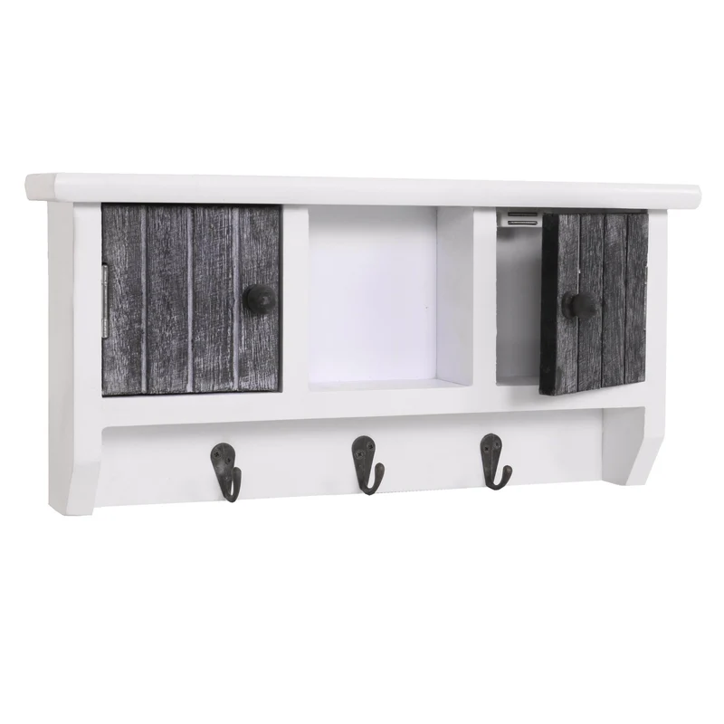 Porte-clés meuble d'entrée mural avec portes et étagère en bois massif gris-blanc vieilli 04_0003588