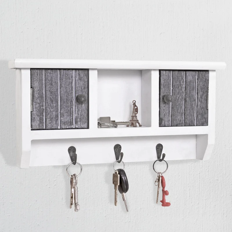 Porte-clés meuble d'entrée mural avec portes et étagère en bois massif gris-blanc vieilli 04_0003588