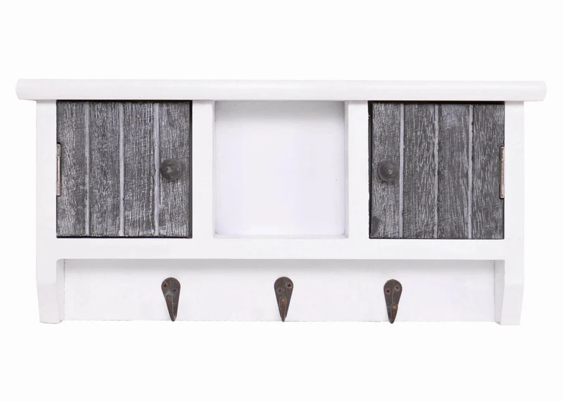 Porte-clés meuble d'entrée mural avec portes et étagère en bois massif gris-blanc vieilli 04_0003588