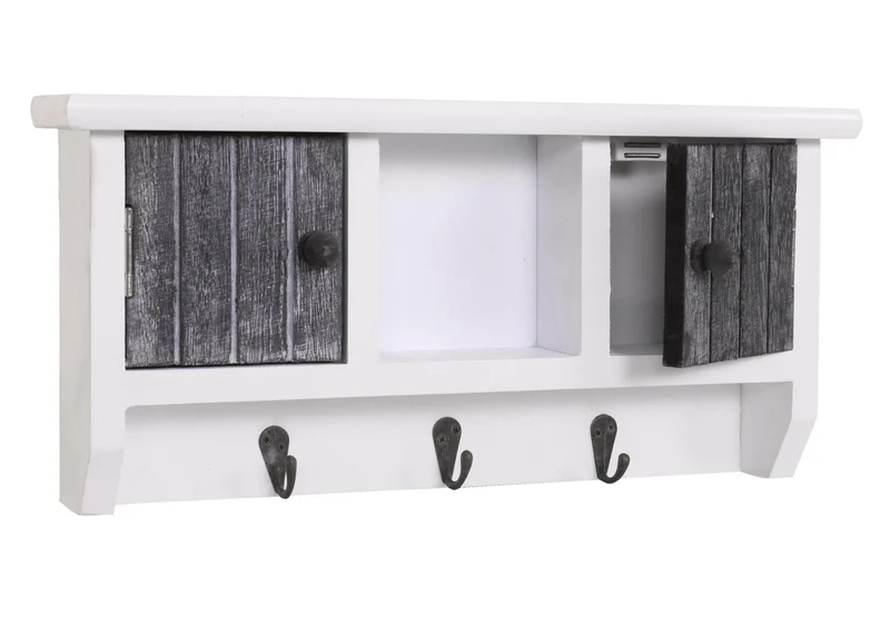 Porte-clés meuble d'entrée mural avec portes et étagère en bois massif gris-blanc vieilli 04_0003588