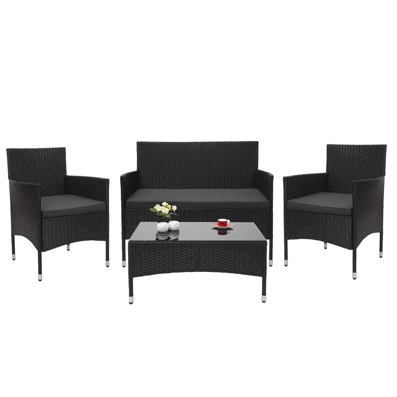 Salon de jardin balcon jardin en polyrotin noir canapé fauteuils table coussin gris foncé 04_0004212