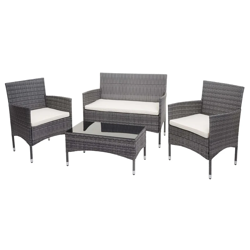 Salon de jardin balcon jardin en polyrotin gris canapé fauteuils table coussin crème 04_0004210