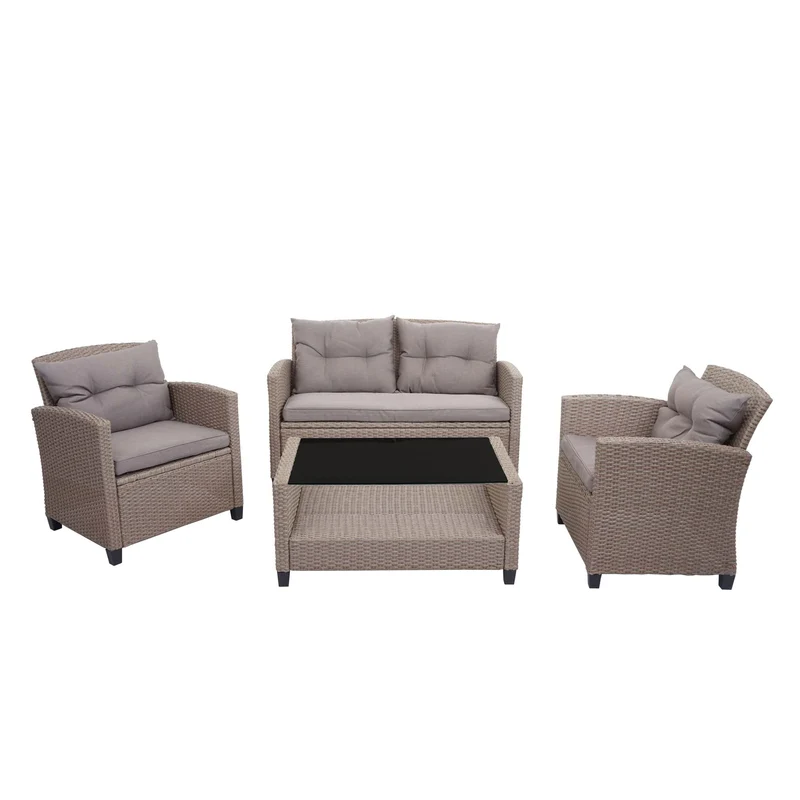 Salon de jardin en polyrotin terasse balcon canapé fauteuils coussins et table basse gris-brun 04_0005630