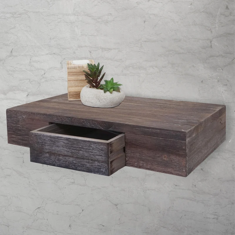 Étagère murale suspendue avec tiroir 40cm marron vieilli vintage 04_0005680