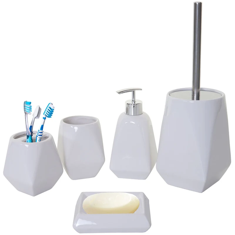 Ensemble d'accessoires de salle de bain 5 pièces porte-brosse WC porte-brosse à dents en céramique blanc 04_0004839