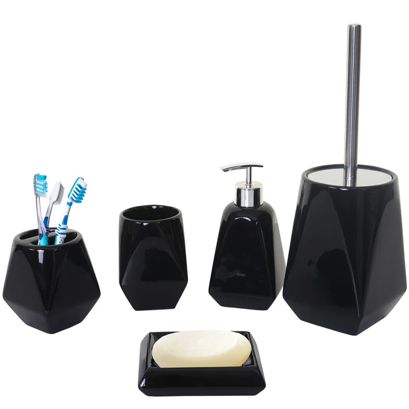 Ensemble d'accessoires de salle de bain 5 pièces porte-brosse WC porte-brosse à dents en céramique noir 04_0003022