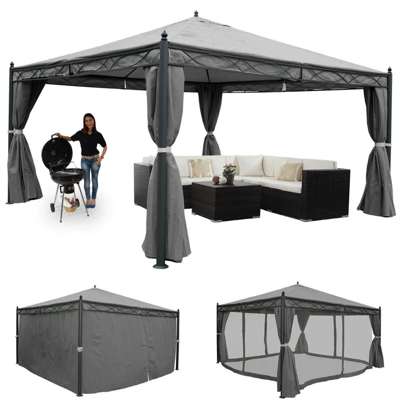 Pergola pavillon gazebo de jardin cadre stable de 7cm avec paroi latérale + moustiquaire gris 4x4m 04_0004091