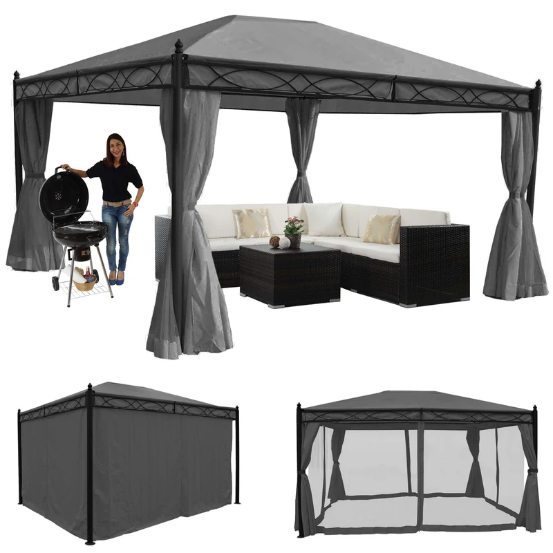 Pergola pavillon gazebo de jardin cadre stable de 7cm avec paroi latérale + moustiquaire gris 4x3m 04_0004090
