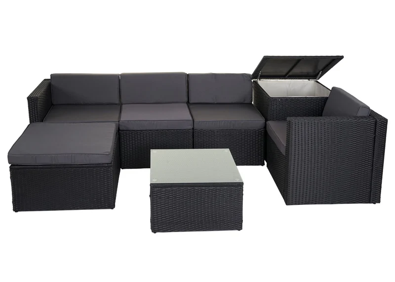 Salon de jardin fauteuil table coffre pouf en poly-rotin pour balcon jardin anthracite coussin gris foncé 04_0003049