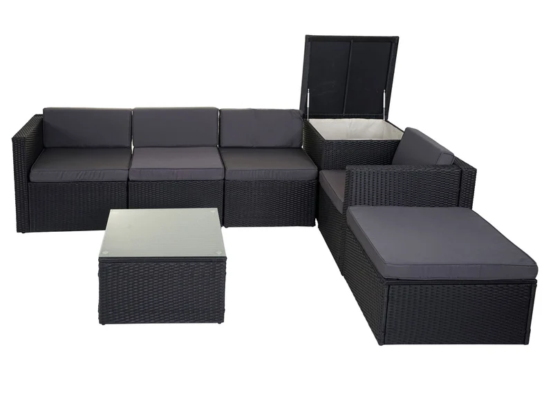 Salon de jardin fauteuil table coffre pouf en poly-rotin pour balcon jardin anthracite coussin gris foncé 04_0003049