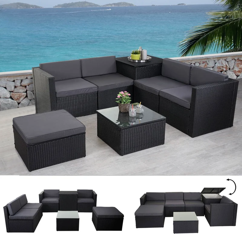 Salon de jardin fauteuil table coffre pouf en poly-rotin pour balcon jardin anthracite coussin gris foncé 04_0003049