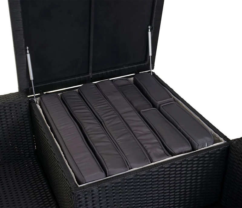 Salon de jardin fauteuil table coffre pouf en poly-rotin pour balcon jardin anthracite coussin gris foncé 04_0003049